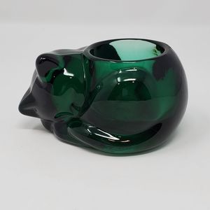 INDIANA GLASS CANDLE-LITE SLEEPING CAT VOTIVE CANDLE HOLDER GREEN CANDLE-LITE
